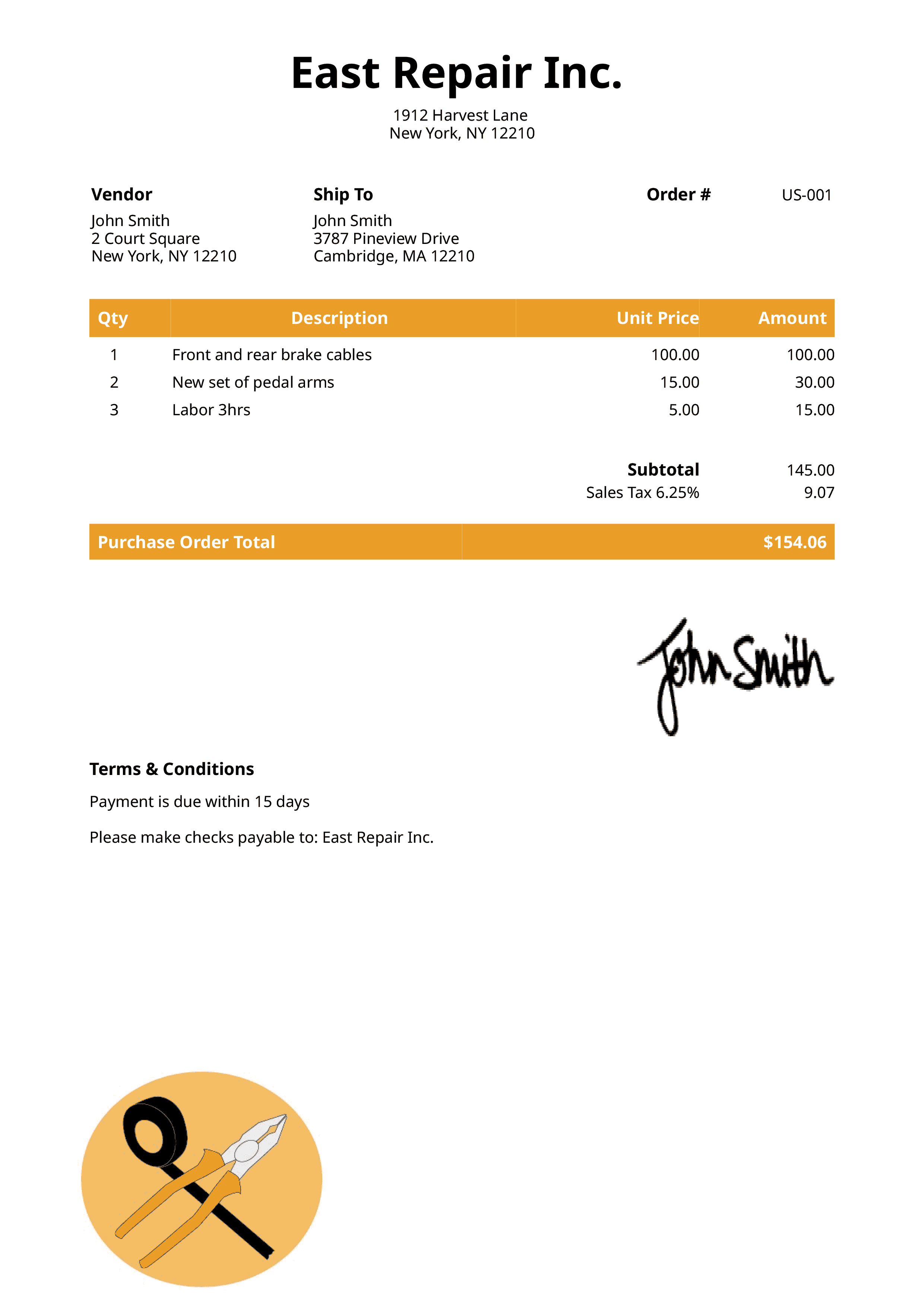 Purchase Order Template Us Electrician Yellow 