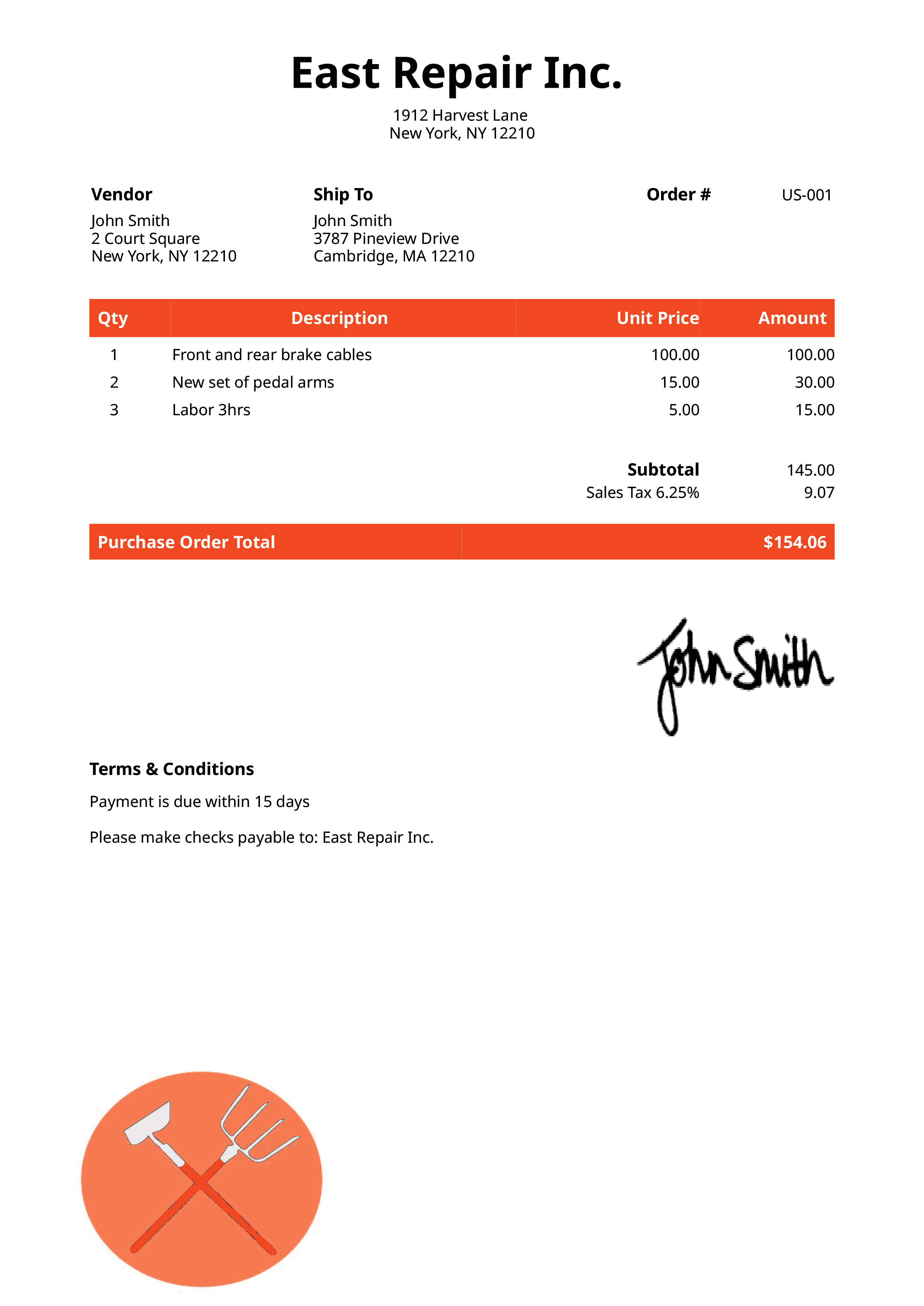 Purchase Order Template Us Farmer Orange 