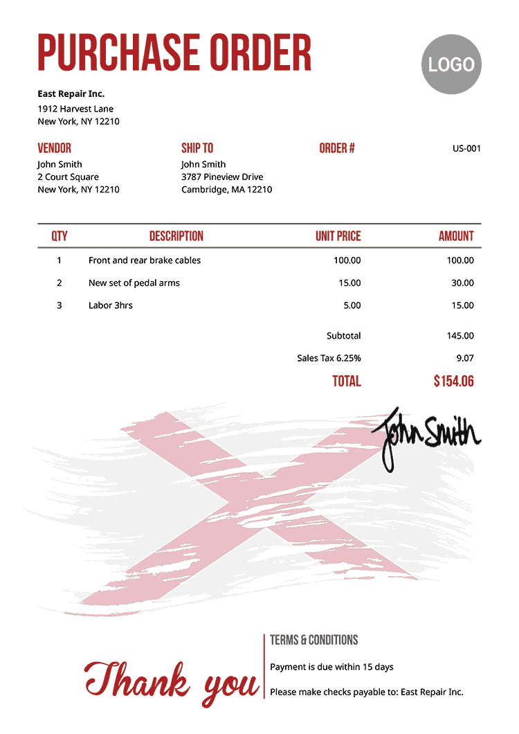 Purchase Order Template Us Flag Of Alabama 