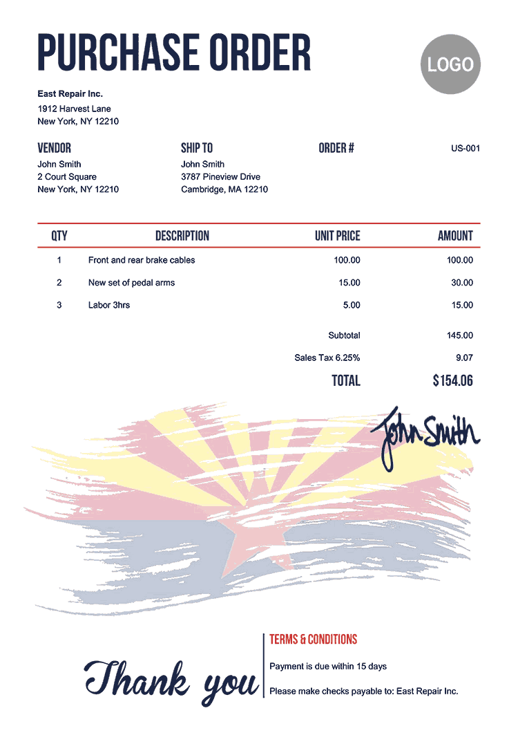 Purchase Order Template Us Flag Of Arizona 