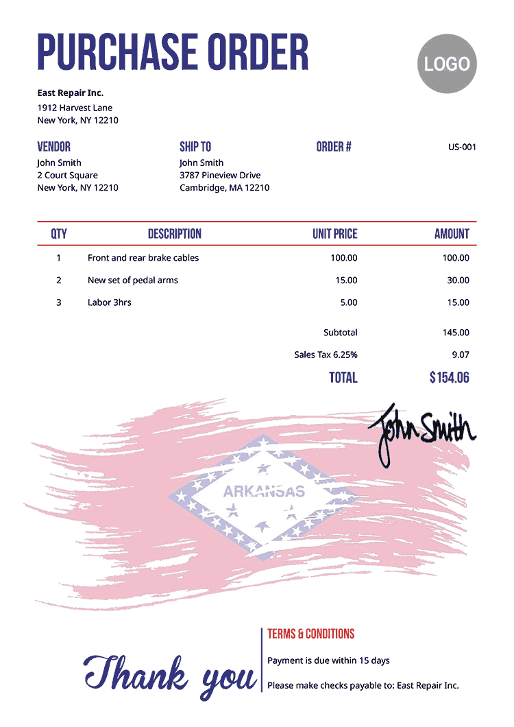 Purchase Order Template Us Flag Of Arkansas 