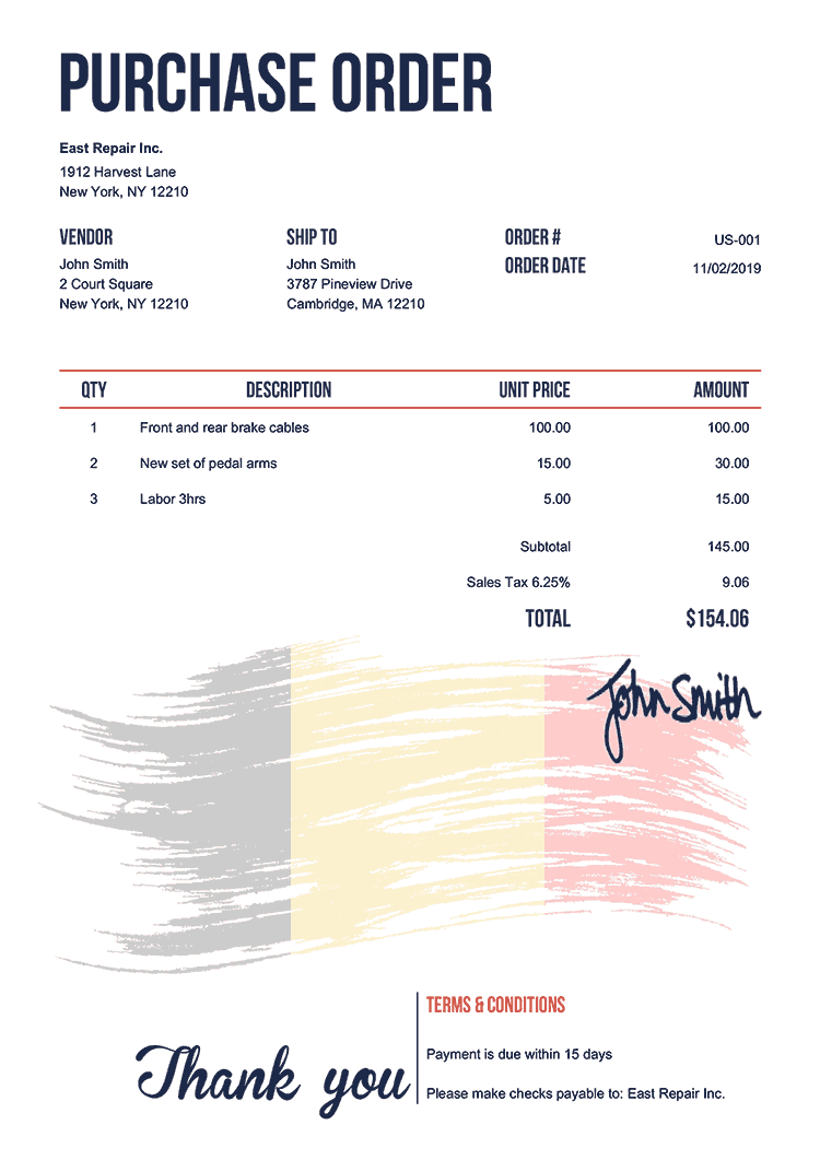 Purchase Order Template Us Flag Of Belgium 