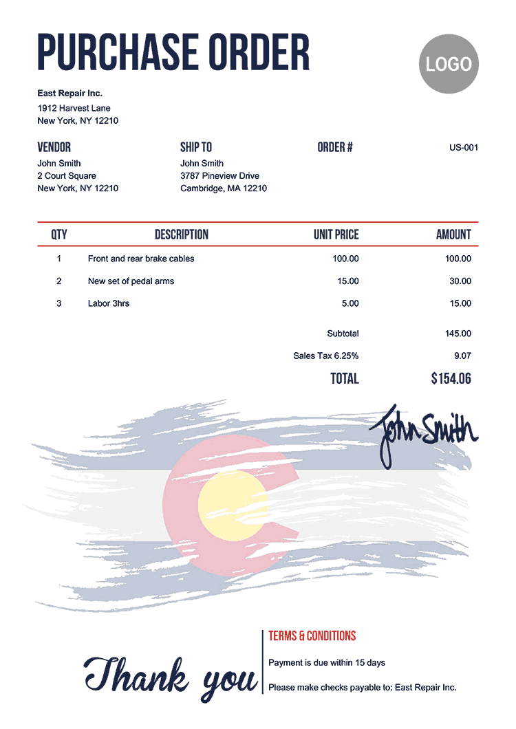 Purchase Order Template Us Flag Of Colorado 