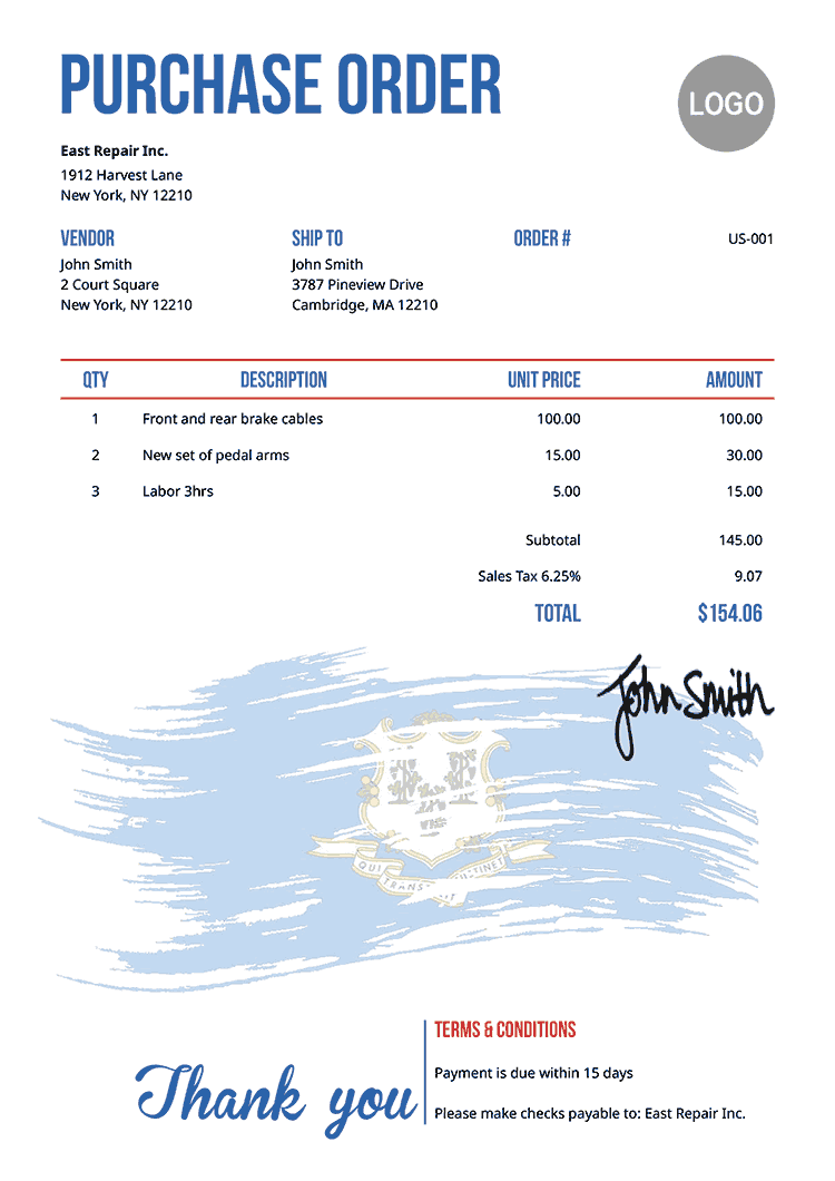Purchase Order Template Us Flag Of Connecticut 