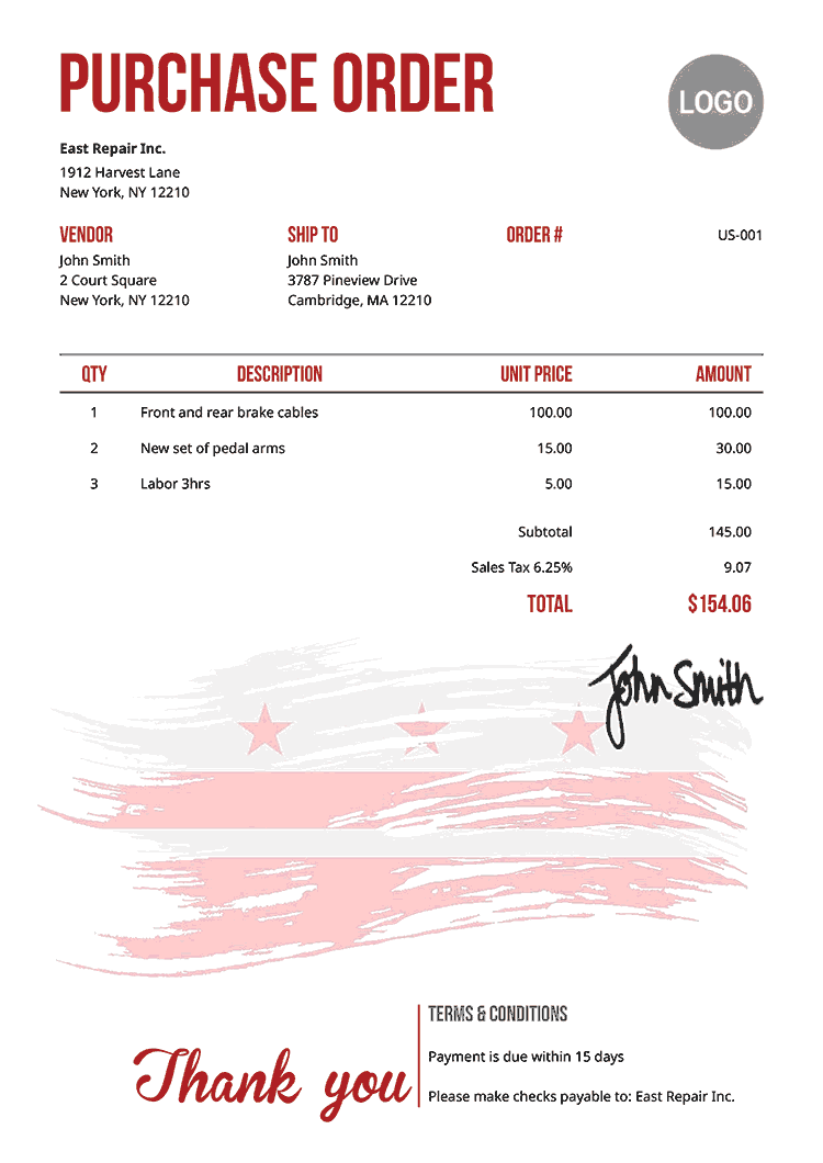 Purchase Order Template Us Flag Of District Of Columbia 
