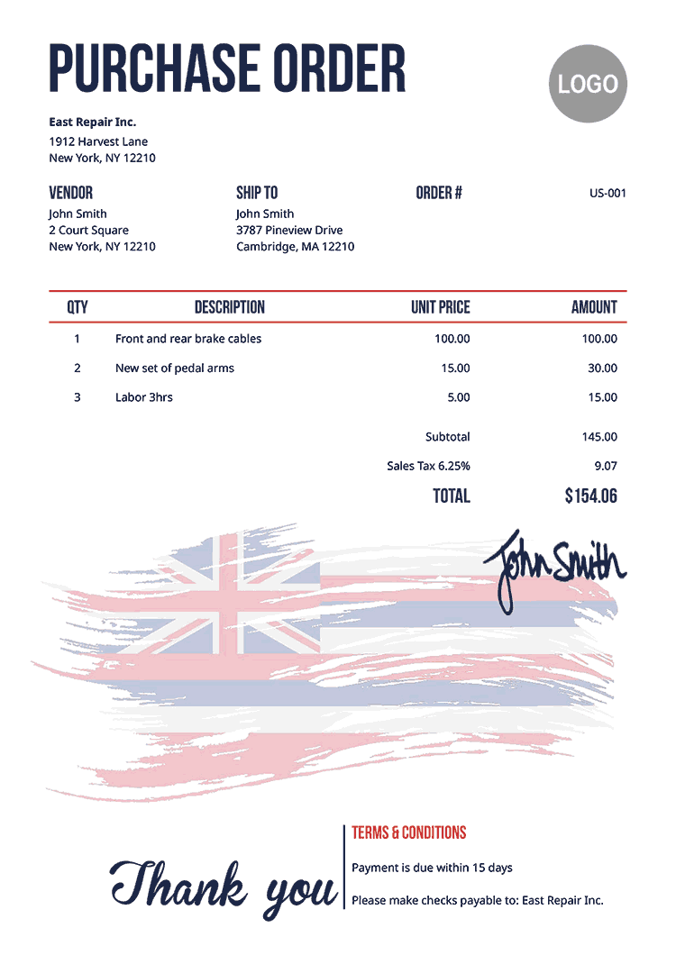 Purchase Order Template Us Flag Of Hawaii 