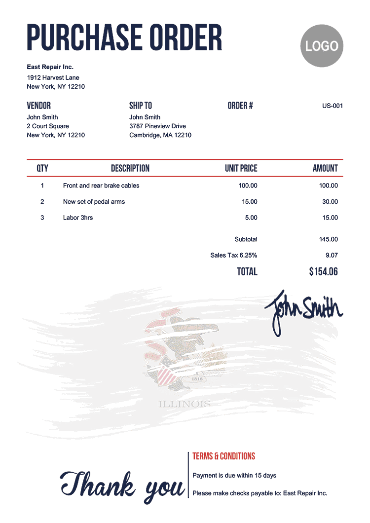 Purchase Order Template Us Flag Of Illinois 