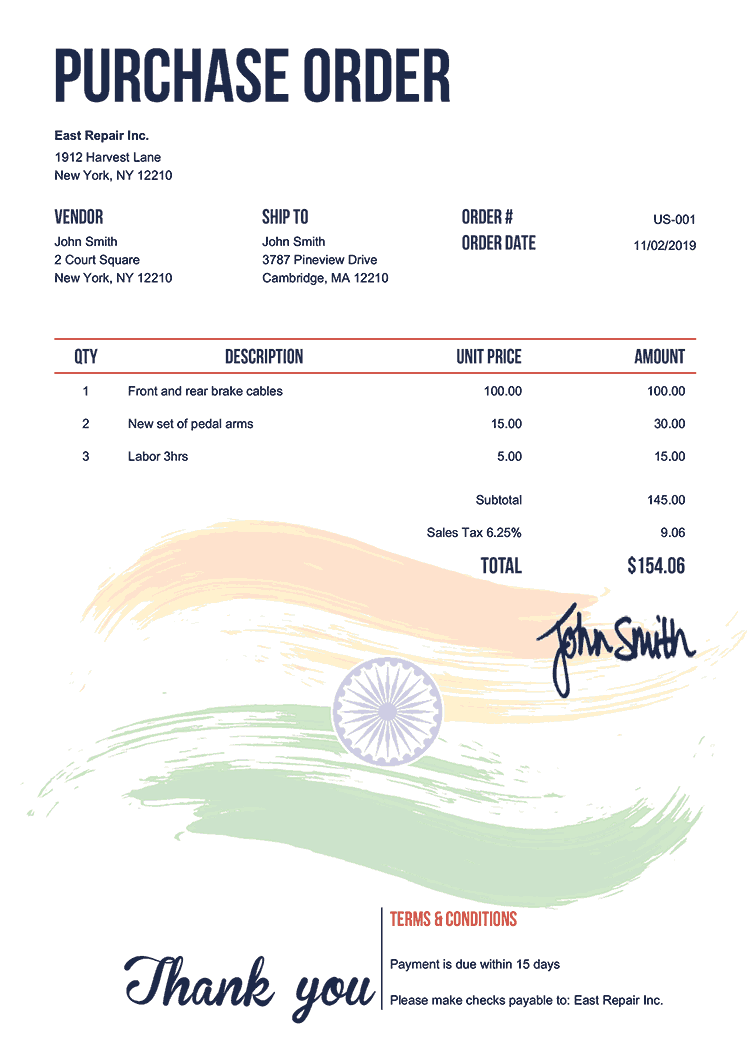 Purchase Order Template Us Flag Of India 