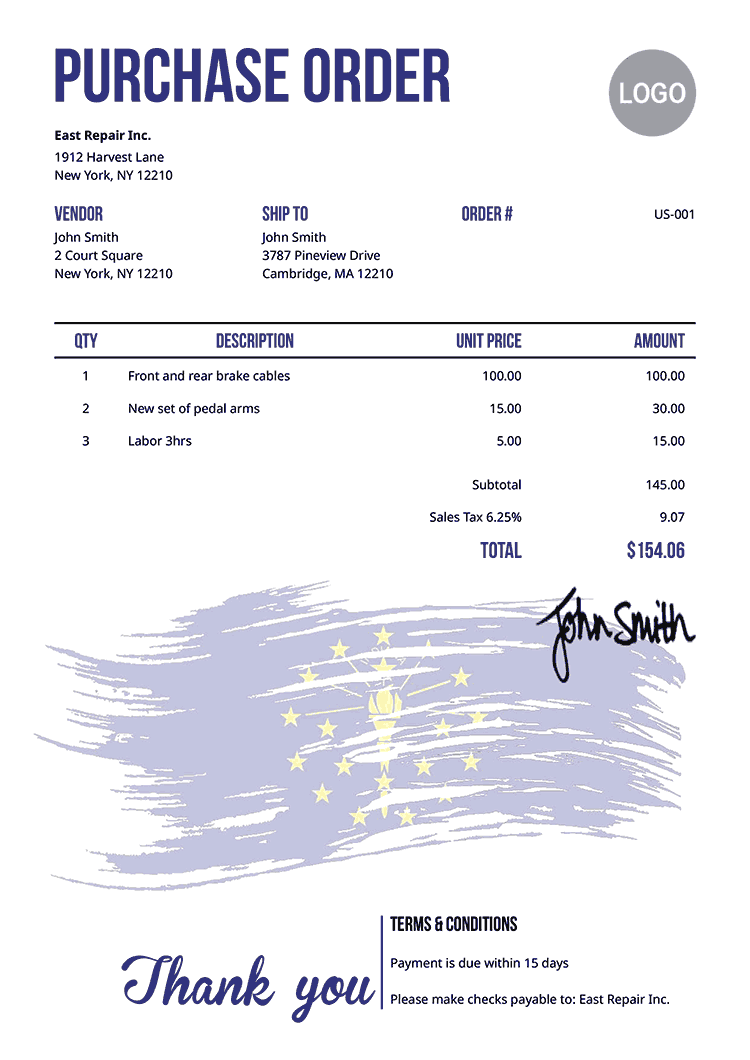 Purchase Order Template Us Flag Of Indiana 