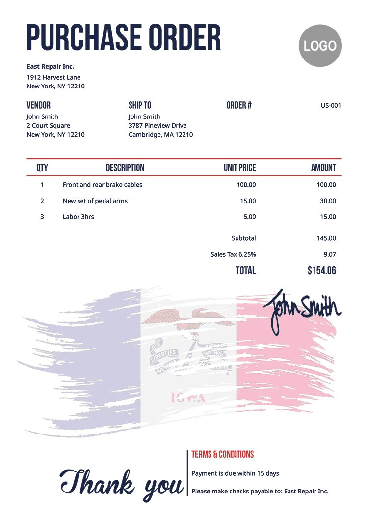 Purchase Order Template Us Flag Of Iowa 