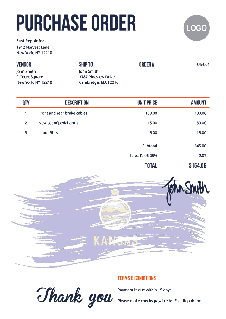 Purchase Order Template Us Flag Of Kansas 