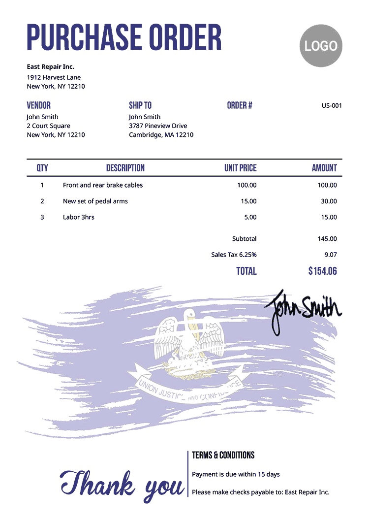 Purchase Order Template Us Flag Of Louisiana 