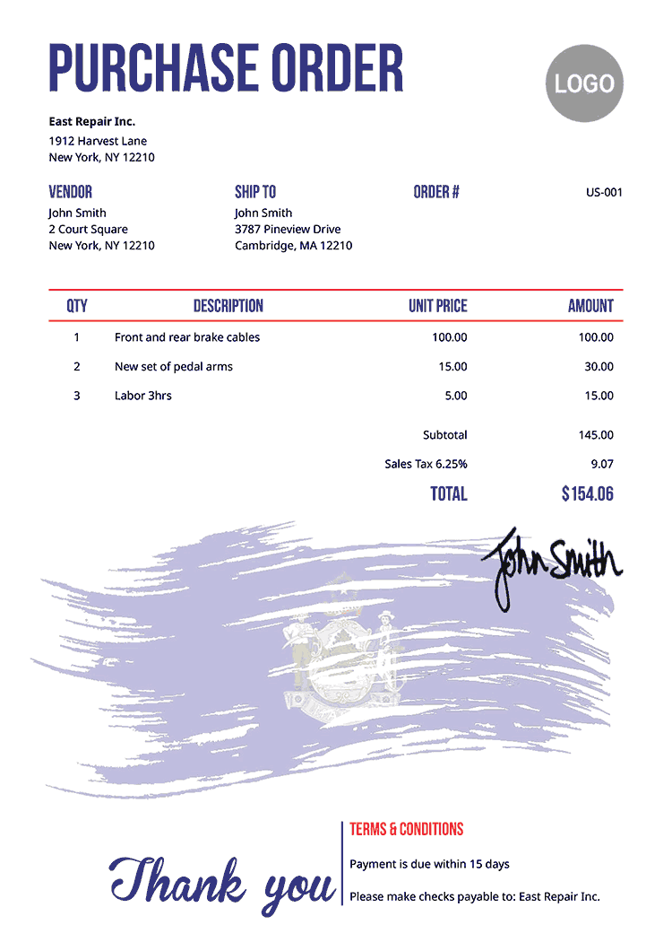 Purchase Order Template Us Flag Of Maine 