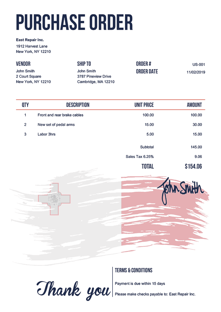 Purchase Order Template Us Flag Of Malta 
