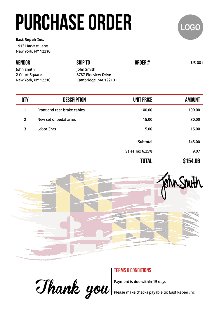 Purchase Order Template Us Flag Of Maryland 