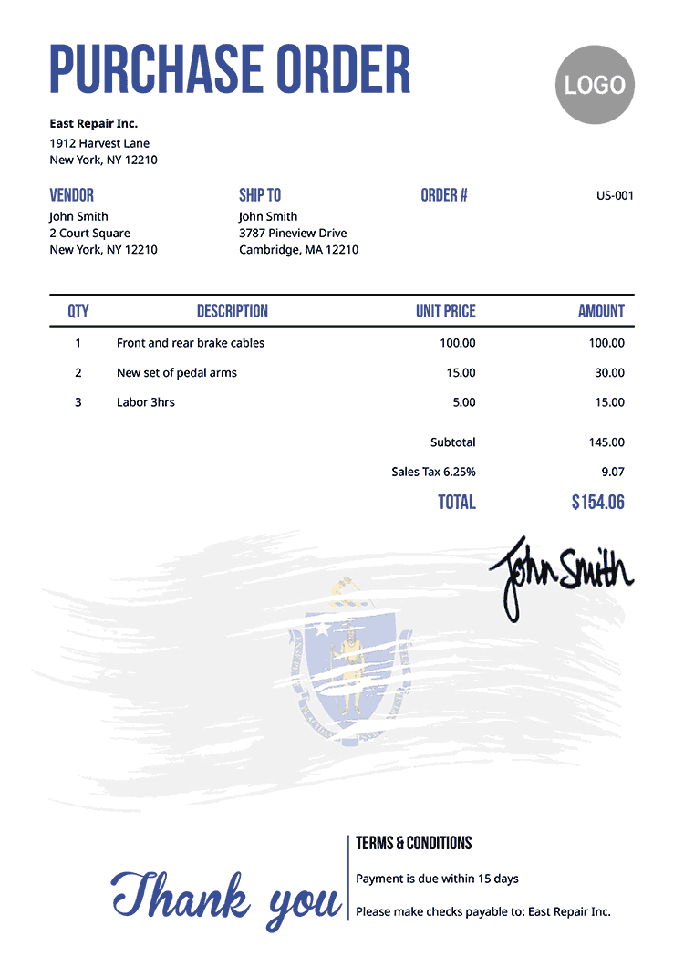 Purchase Order Template Us Flag Of Massachusetts 