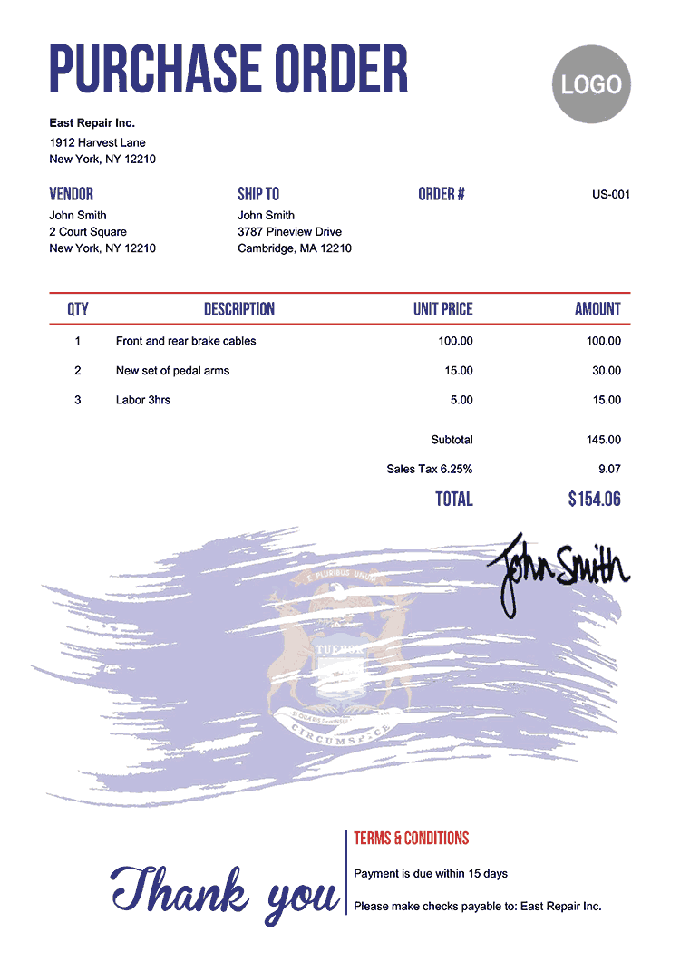 Purchase Order Template Us Flag Of Michigan 