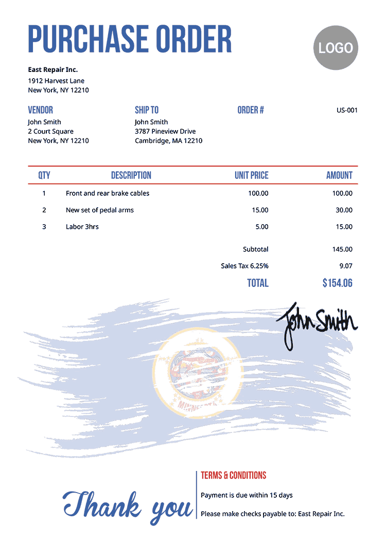 Purchase Order Template Us Flag Of Minnesota 