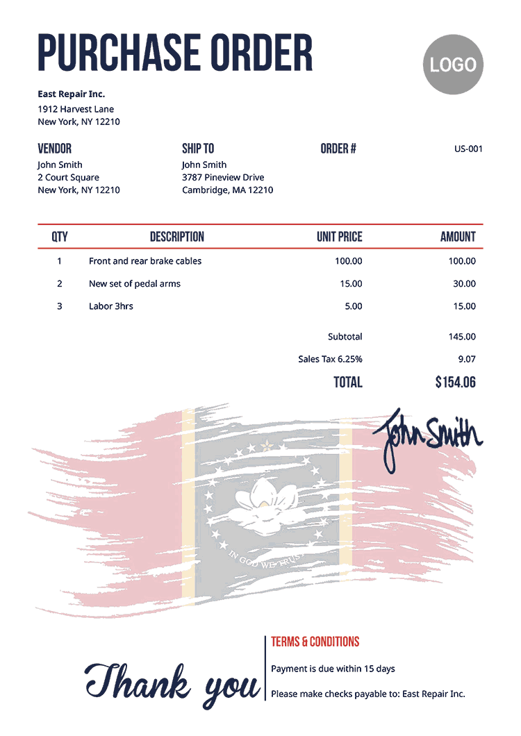 Purchase Order Template Us Flag Of Mississippi 