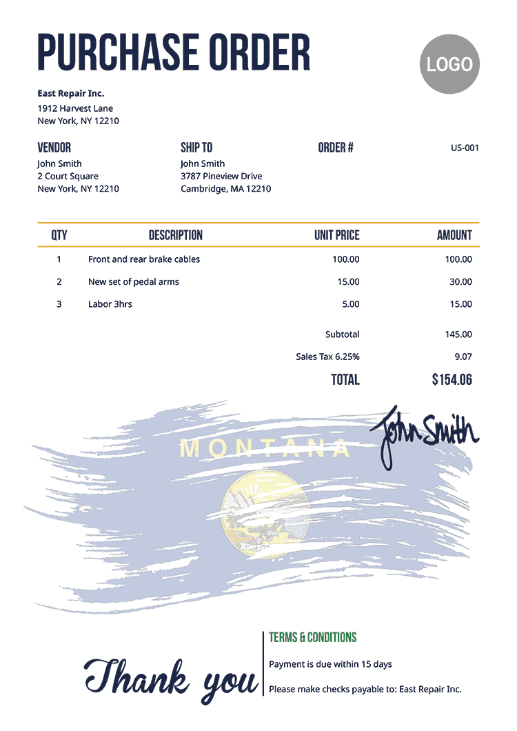 Purchase Order Template Us Flag Of Montana 