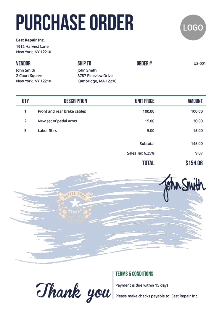 Purchase Order Template Us Flag Of Nevada 