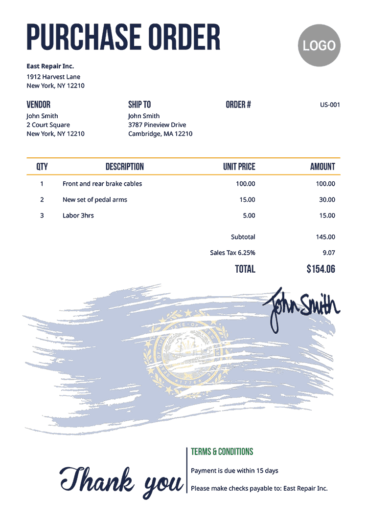 Purchase Order Template Us Flag Of New Hampshire 