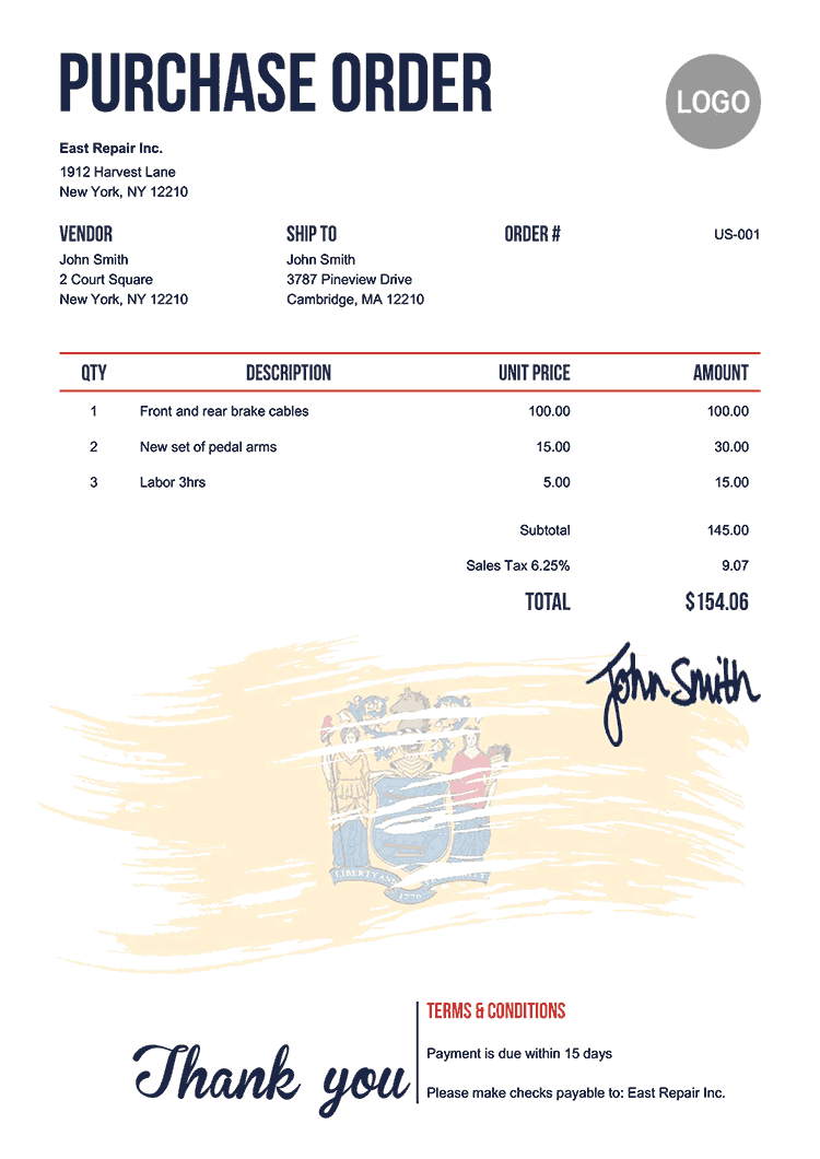 Purchase Order Template Us Flag Of New Jersey 