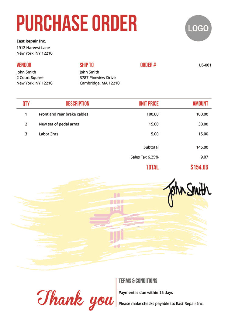 Purchase Order Template Us Flag Of New Mexico 