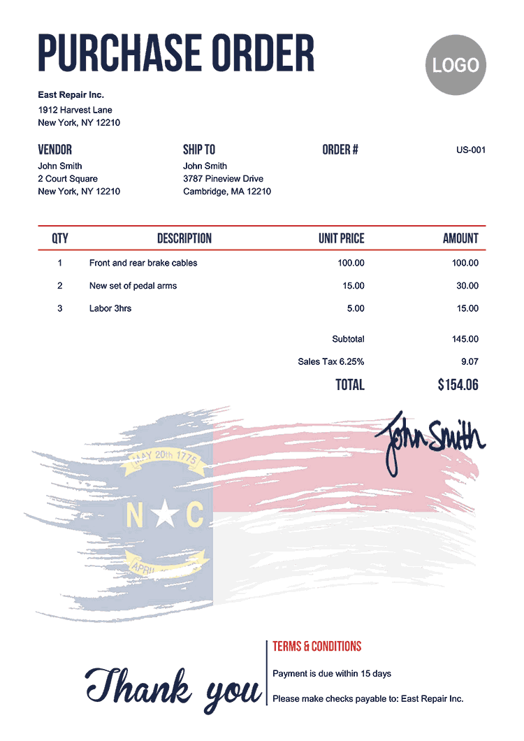 Purchase Order Template Us Flag Of North Carolina 