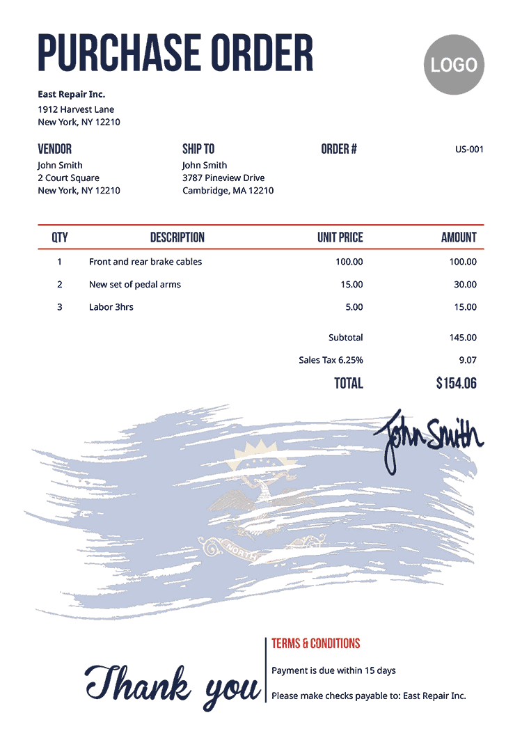 Purchase Order Template Us Flag Of North Dakota 