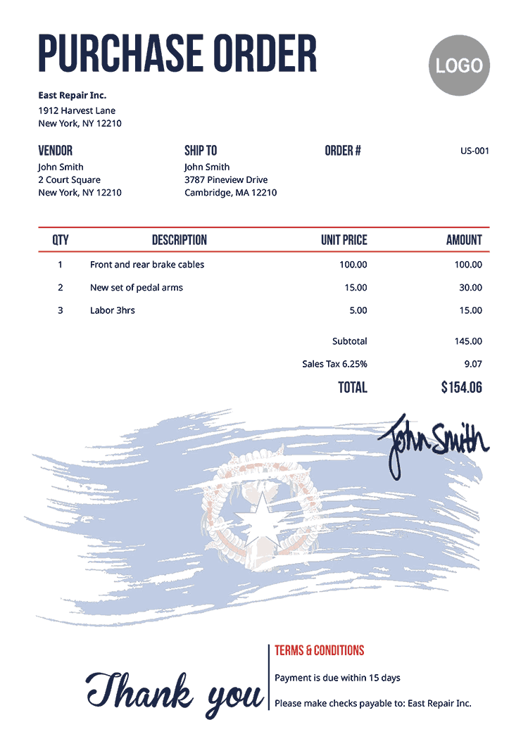 Purchase Order Template Us Flag Of Northern Mariana Islands 