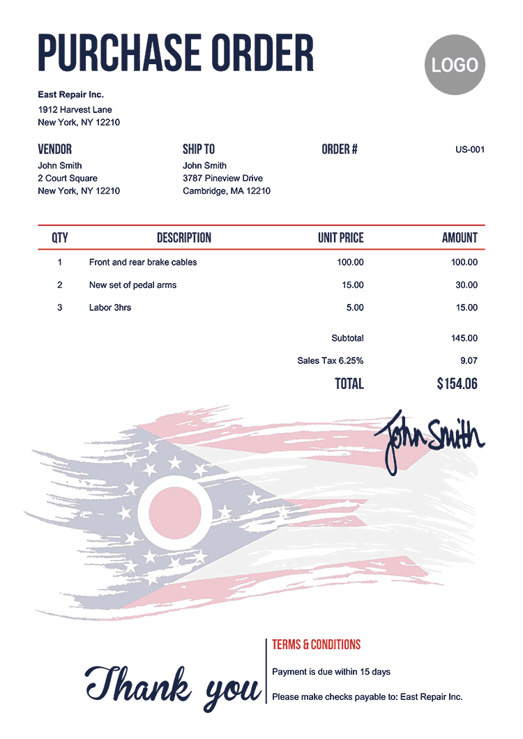 Purchase Order Template Us Flag Of Ohio 