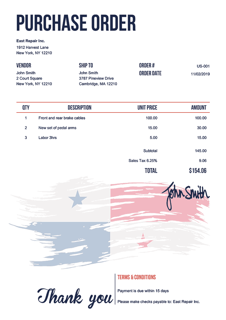 Purchase Order Template Us Flag Of Panama 