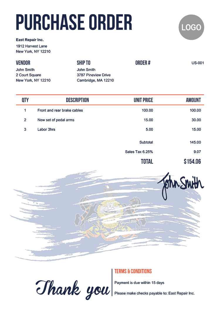 Purchase Order Template Us Flag Of Pennsylvania 