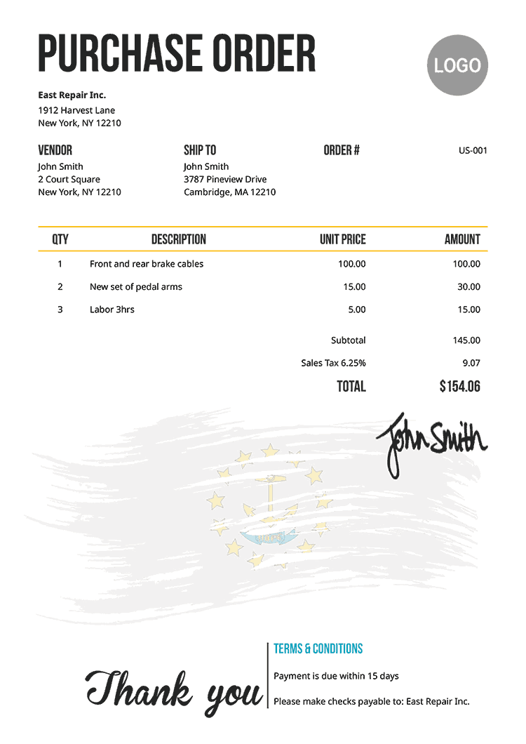 Purchase Order Template Us Flag Of Rhode Island 