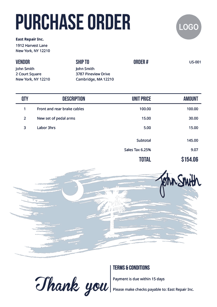 Purchase Order Template Us Flag Of South Carolina 
