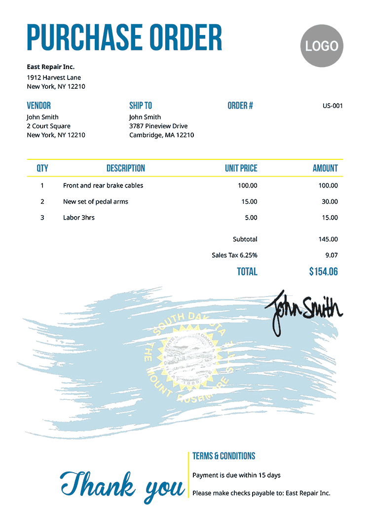 Purchase Order Template Us Flag Of South Dakota 