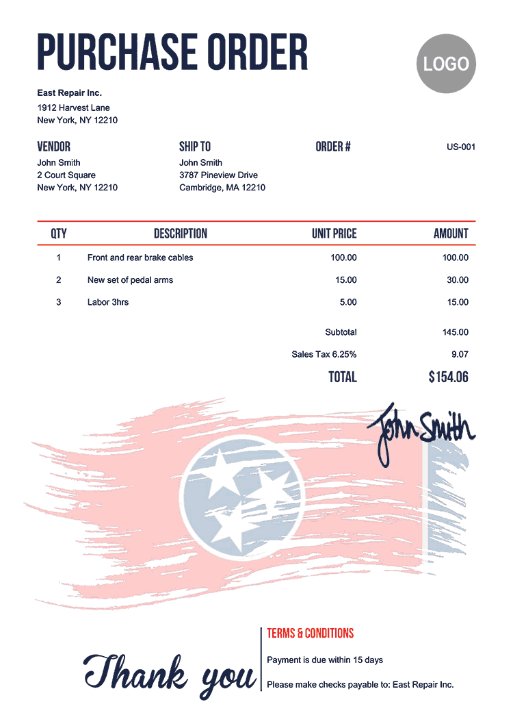 Purchase Order Template Us Flag Of Tennessee 