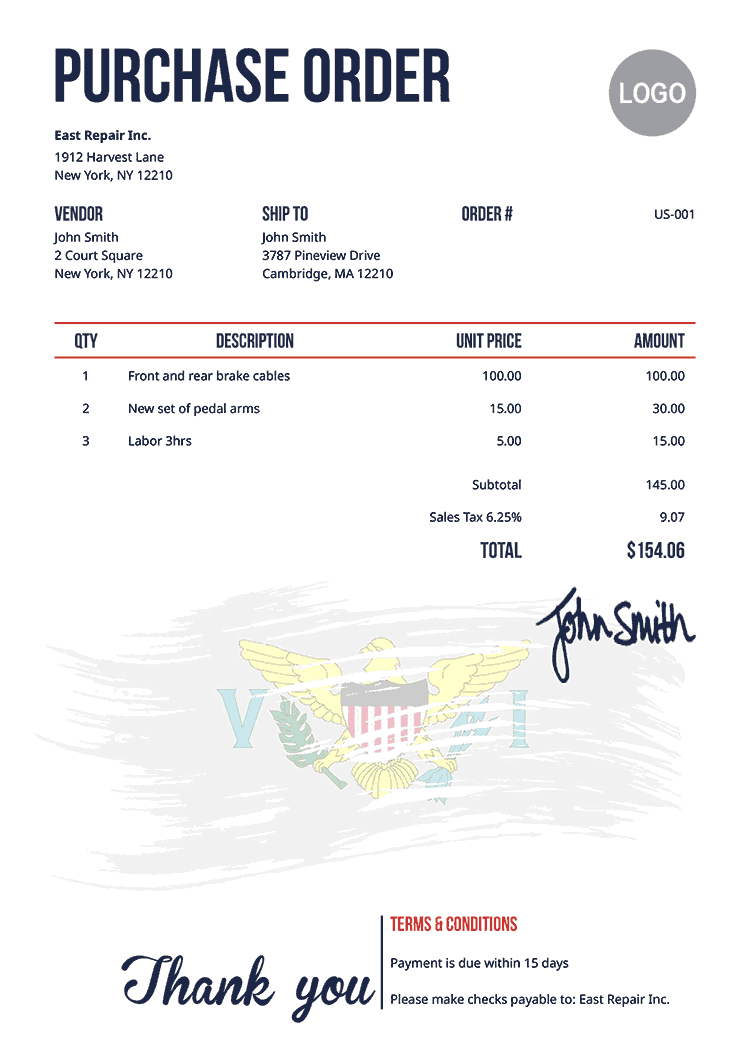 Purchase Order Template Us Flag Of Us Virgin Islands 