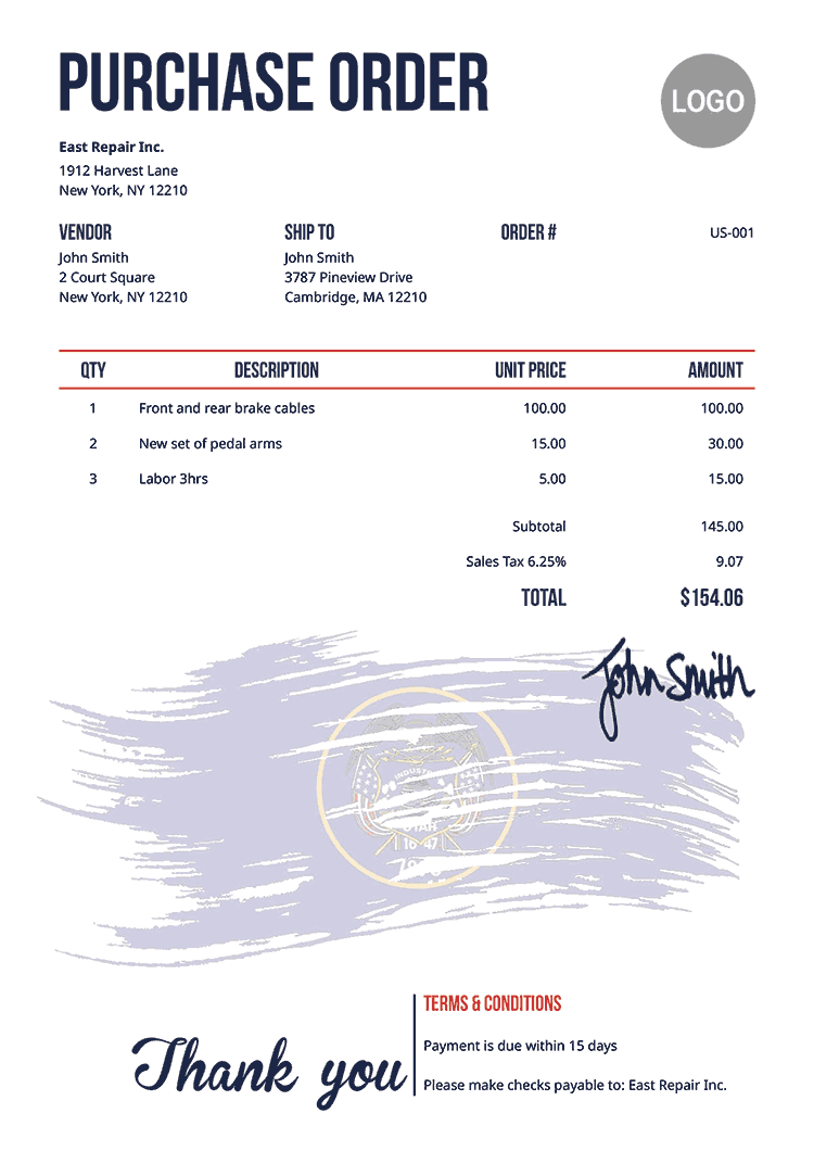 Purchase Order Template Us Flag Of Utah 
