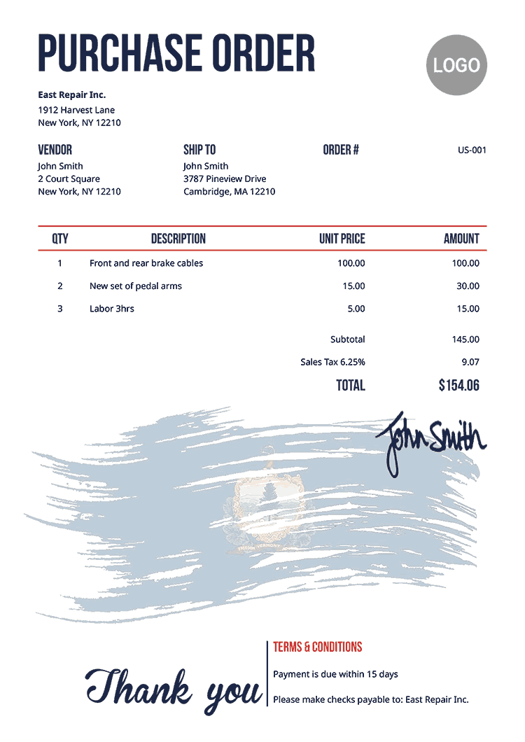 Purchase Order Template Us Flag Of Vermont 