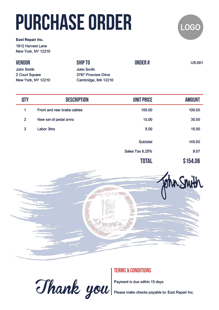Purchase Order Template Us Flag Of Virginia 
