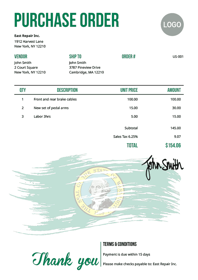Purchase Order Template Us Flag Of Washington 