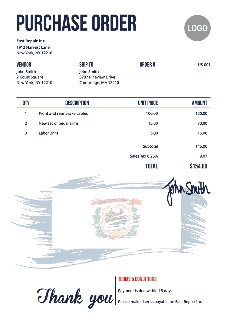Purchase Order Template Us Flag Of West Virginia 