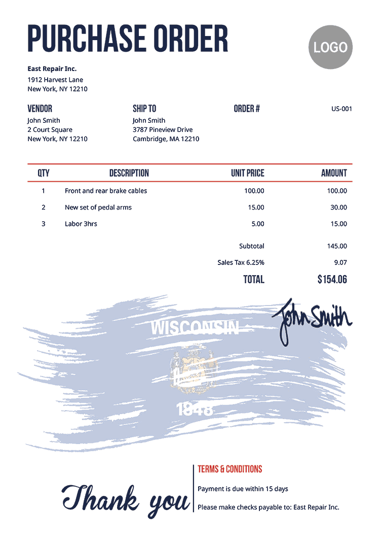 Purchase Order Template Us Flag Of Wisconsin 