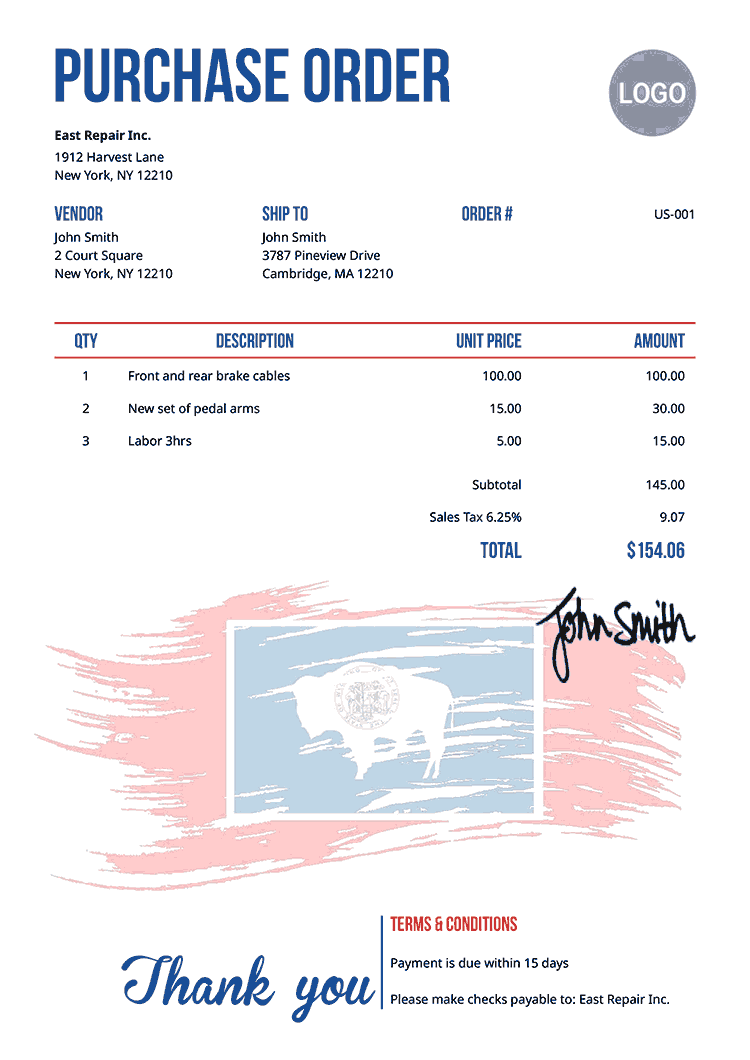 Purchase Order Template Us Flag Of Wyoming 