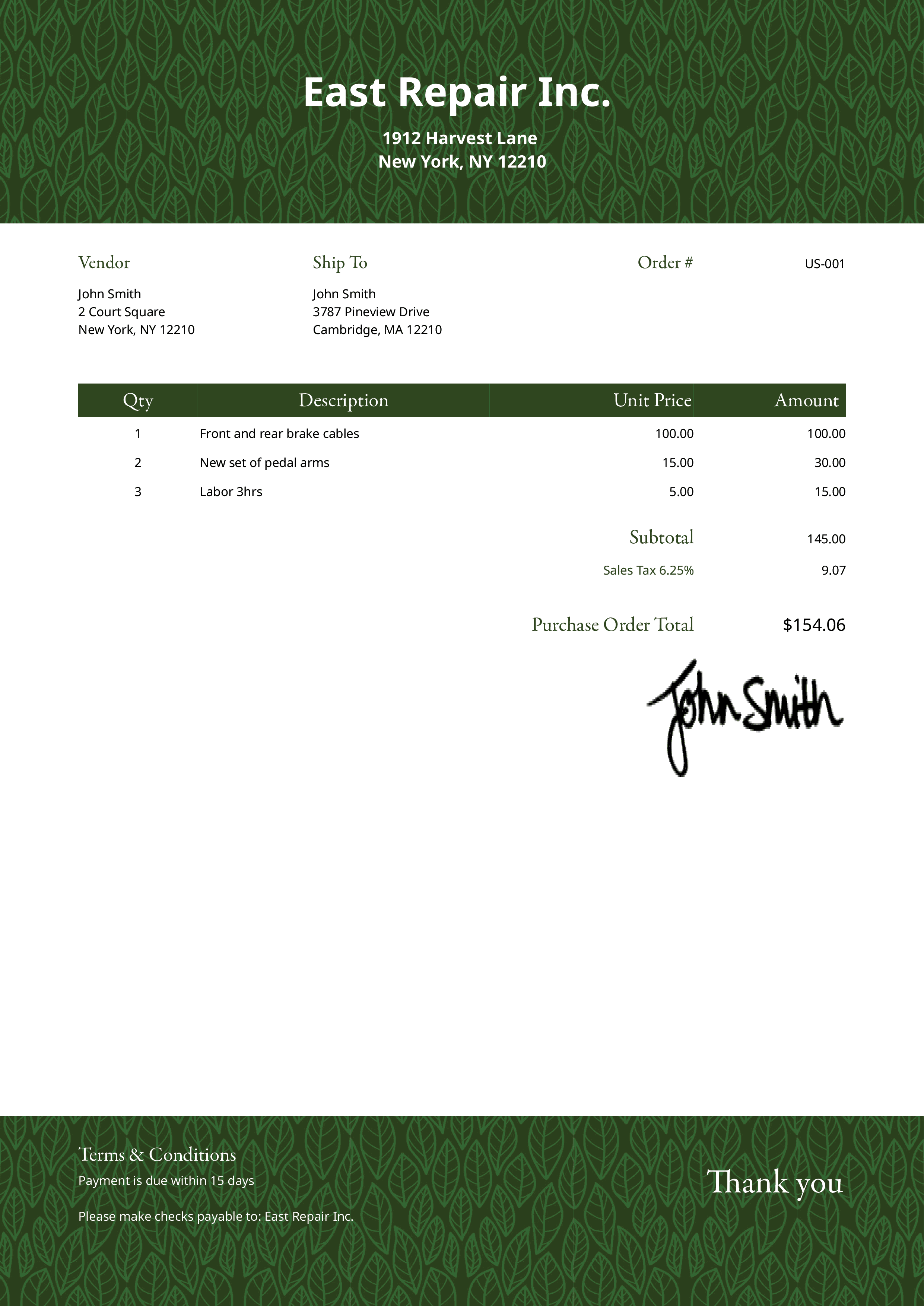 Purchase Order Template Us Greenery Dark 