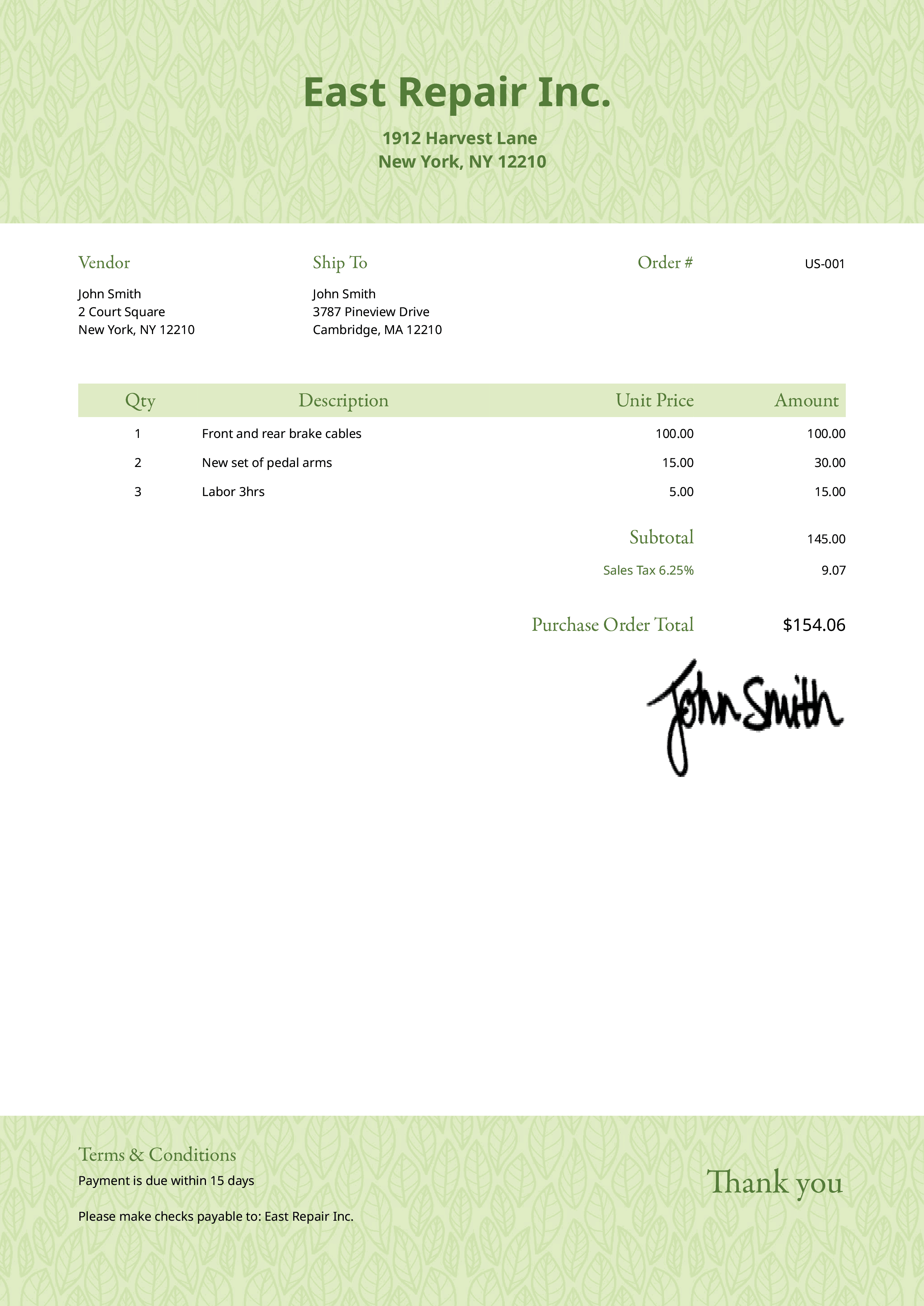 Purchase Order Template Us Greenery Light 