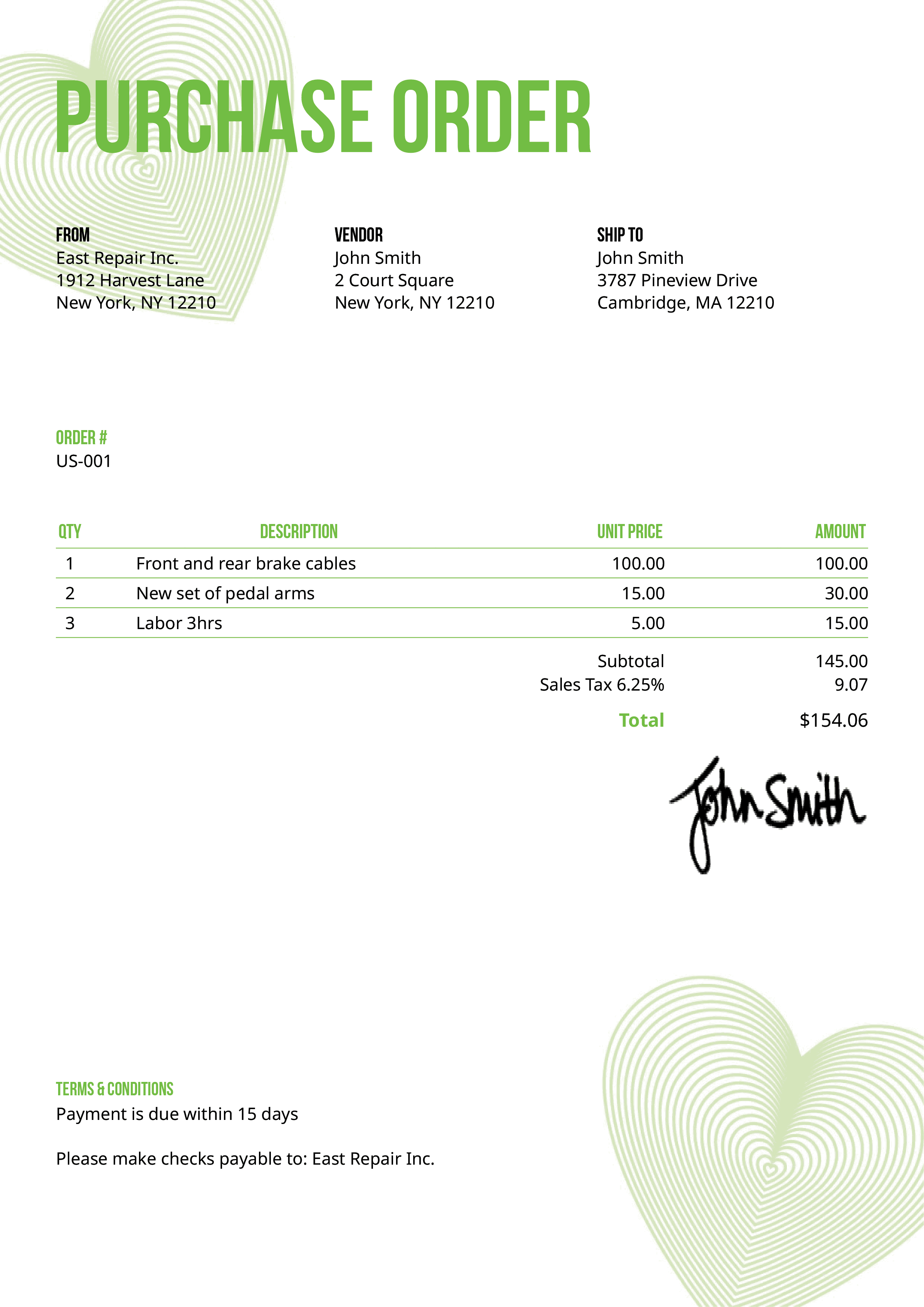 Purchase Order Template Us Hearts Green 