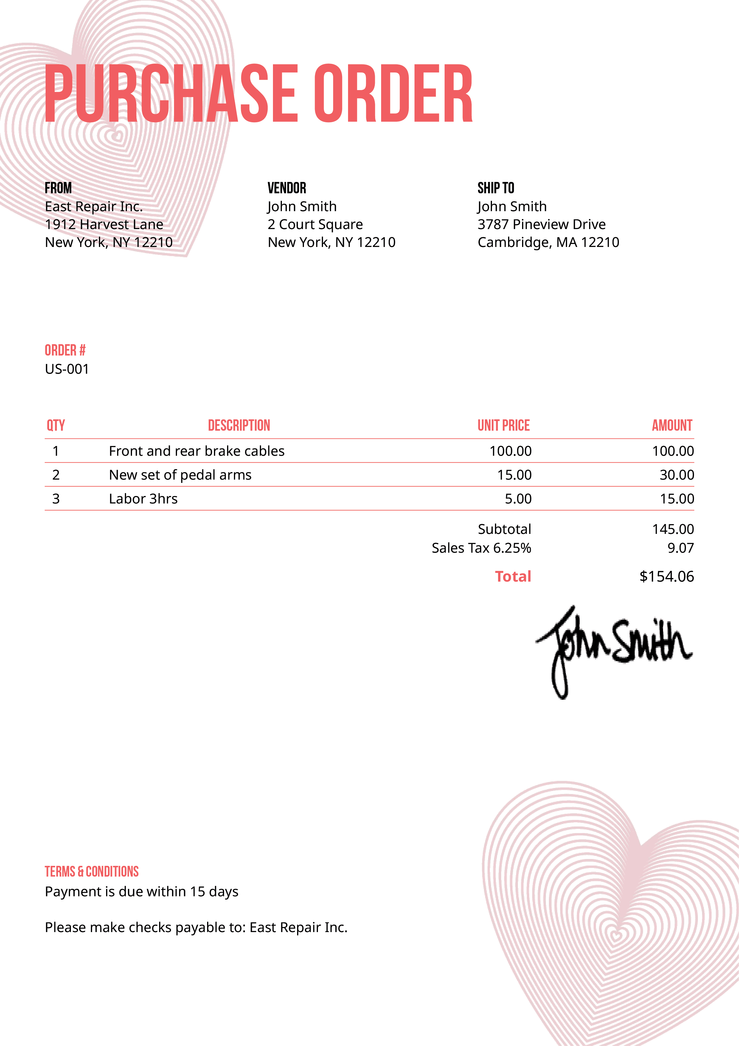 Purchase Order Template Us Hearts Pink 